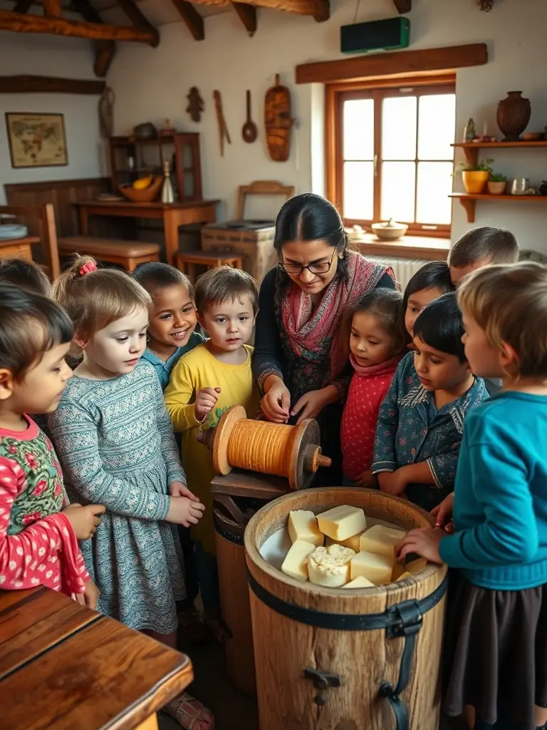 A photograph of children participating in a butter-churning workshop at the ASSOCIATION MUSÉE RURAL BERRY MARCHE, showcasing hands-on learning about traditional rural practices.