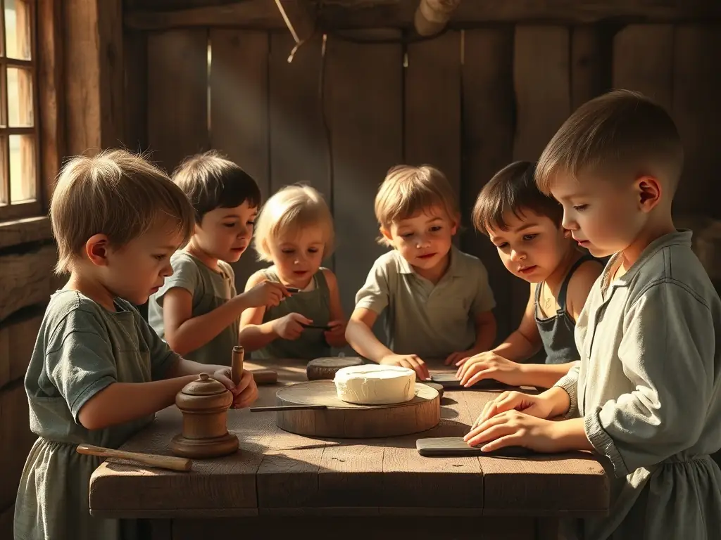 A group of children participating in a traditional butter-making workshop at the ASSOCIATION MUSEE RURAL BERRY MARCHE, showcasing hands-on learning and engagement with rural traditions.