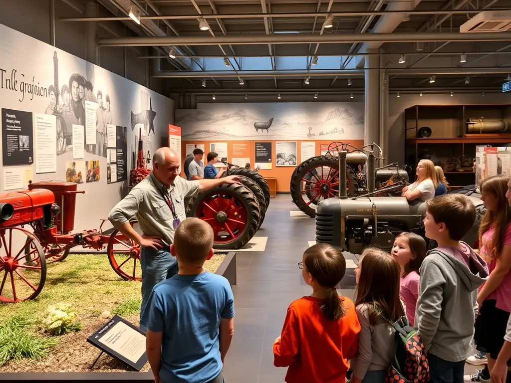 A museum educator guiding a school group through an exhibit on vintage agricultural machinery at the ASSOCIATION MUSEE RURAL BERRY MARCHE, emphasizing the importance of preserving agricultural history.