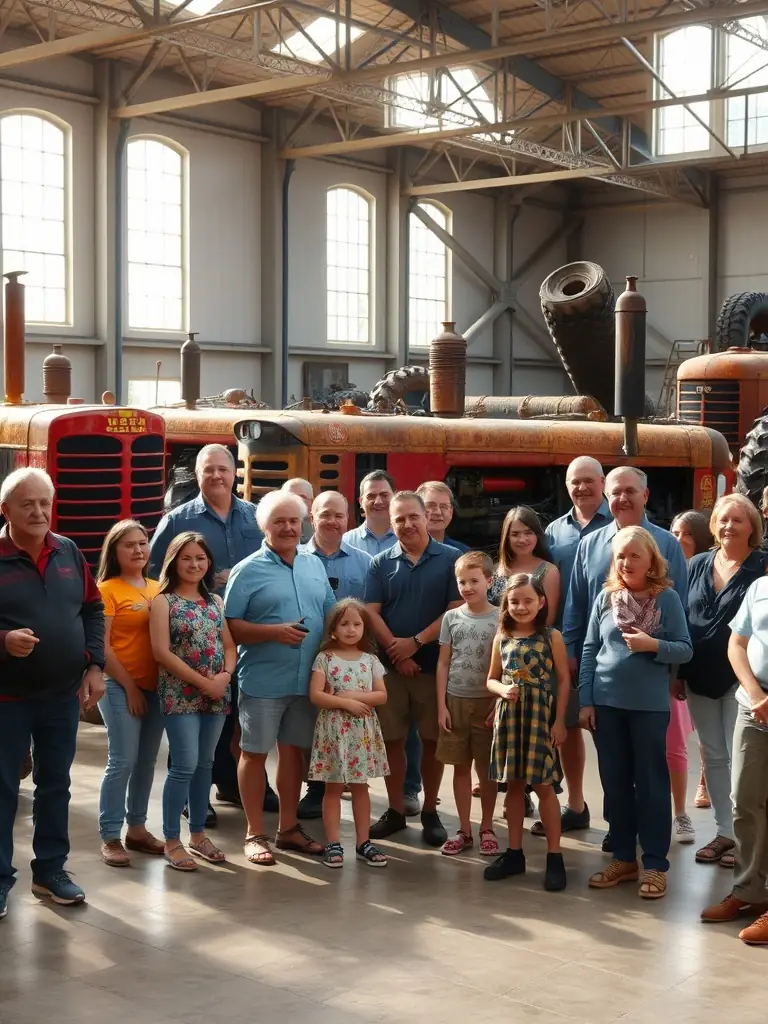 A photograph of a group of visitors on a guided tour of the ASSOCIATION MUSÉE RURAL BERRY MARCHE, exploring the museum's collection of agricultural machinery.