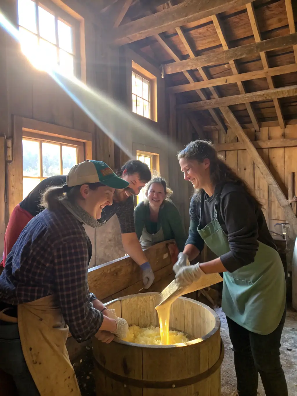 A photograph of children participating in a butter-churning workshop at the ASSOCIATION MUSÉE RURAL BERRY MARCHE, showcasing hands-on learning and traditional skills.