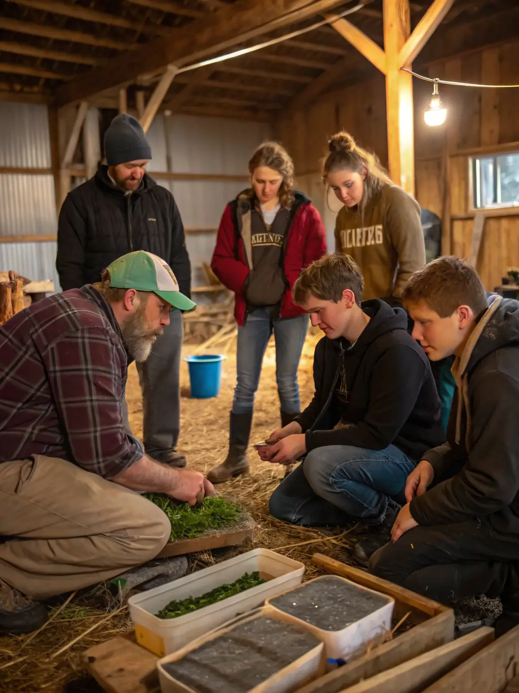 A vibrant image of children participating in a hands-on workshop, learning about traditional farming techniques and tools.