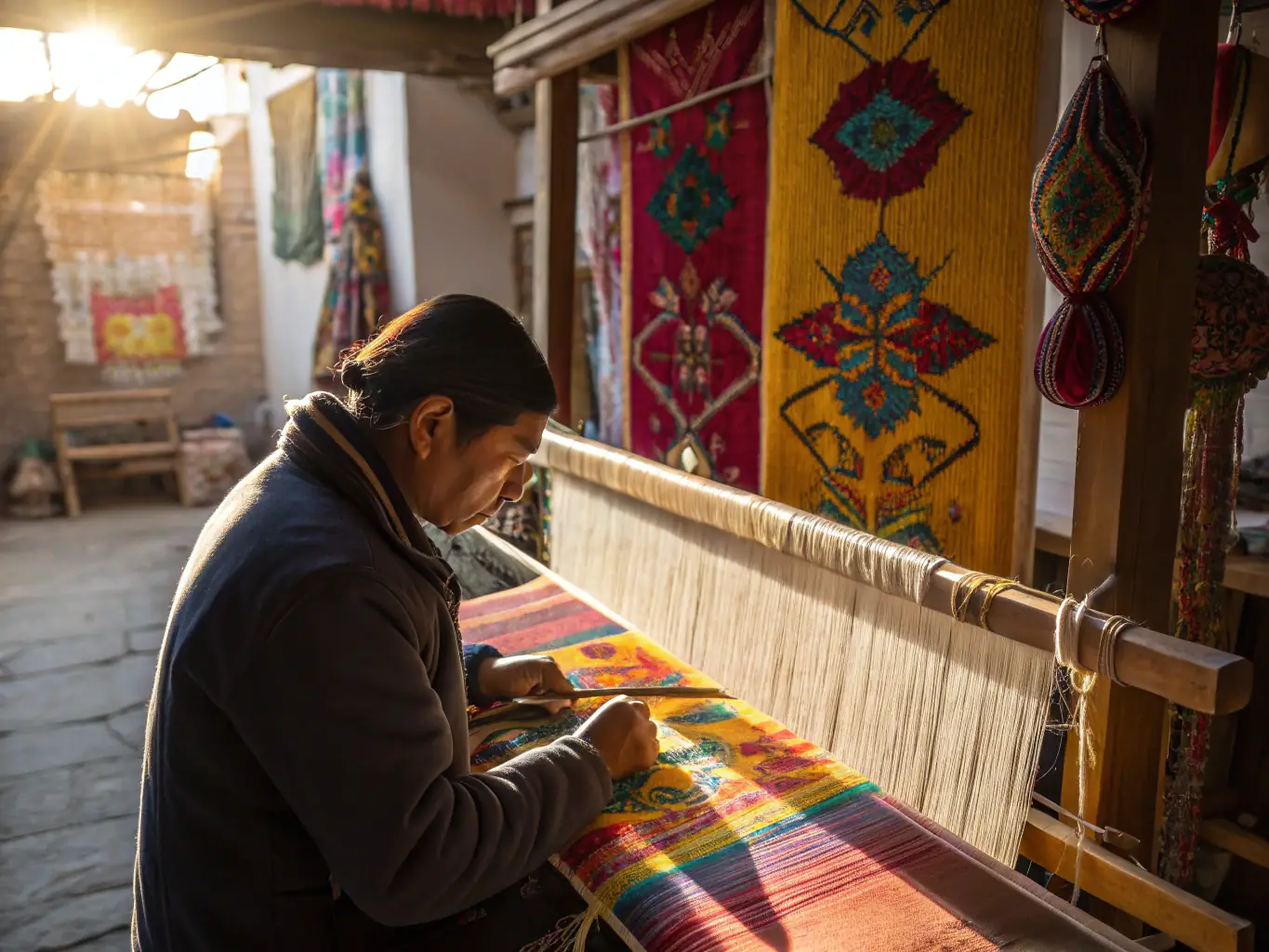 A photograph featuring a skilled artisan demonstrating traditional weaving techniques on an antique loom. The artisan is surrounded by colorful textiles and tools, showcasing the craftsmanship and artistry of rural traditions.