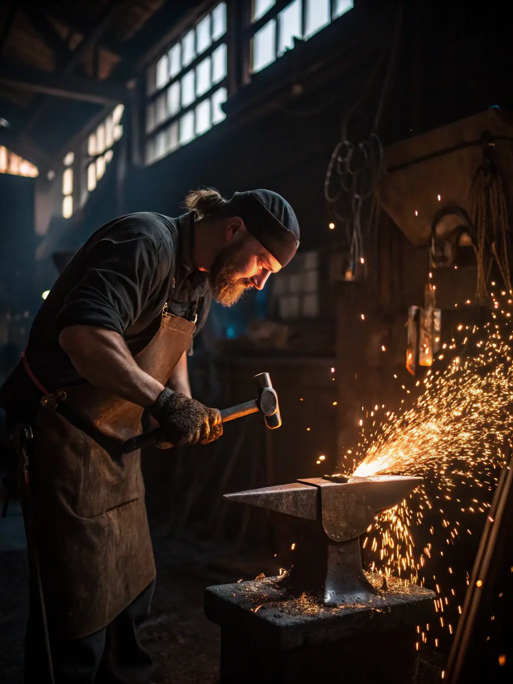 A photograph of a blacksmith demonstrating traditional forging techniques at the ASSOCIATION MUSÉE RURAL BERRY MARCHE, highlighting the preservation of artisanal skills.