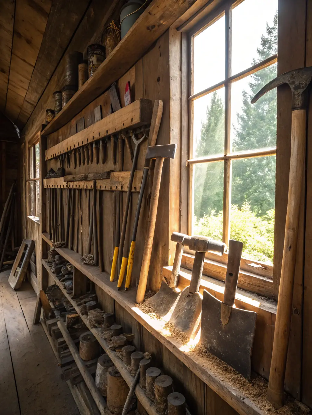 A collection of vintage hand tools, including scythes, sickles, and axes, demonstrating the manual labor involved in early farming practices, exhibited at ASSOCIATION MUSEE RURAL BERRY MARCHE.