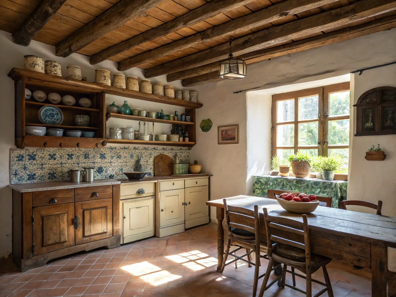 A photograph depicting a traditional rural kitchen setup, complete with antique cooking utensils, a wood-burning stove, and handcrafted furniture. The setting evokes a sense of warmth and nostalgia, representing the heart of rural family life.