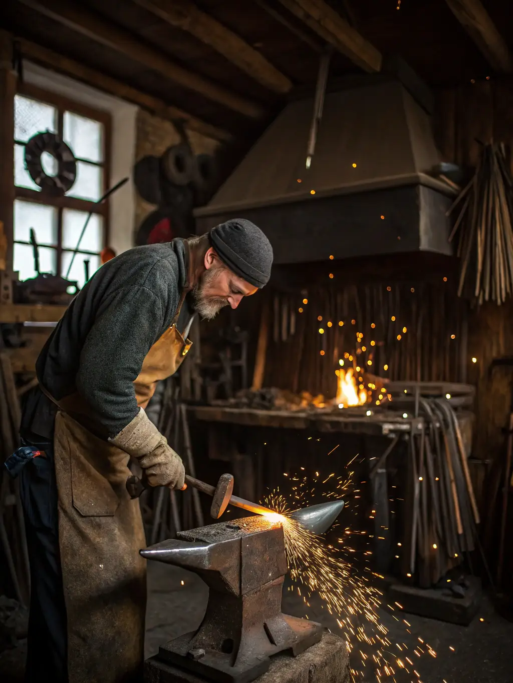 A photograph of a blacksmith demonstrating traditional metalworking techniques at the ASSOCIATION MUSÉE RURAL BERRY MARCHE, emphasizing the preservation of artisanal skills.